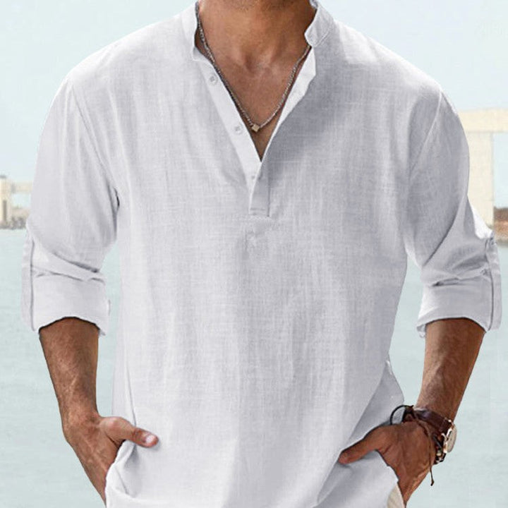 Men's Long Sleeve Stand Collar Shirt — Cotton, 10 Colors, XS–5XL