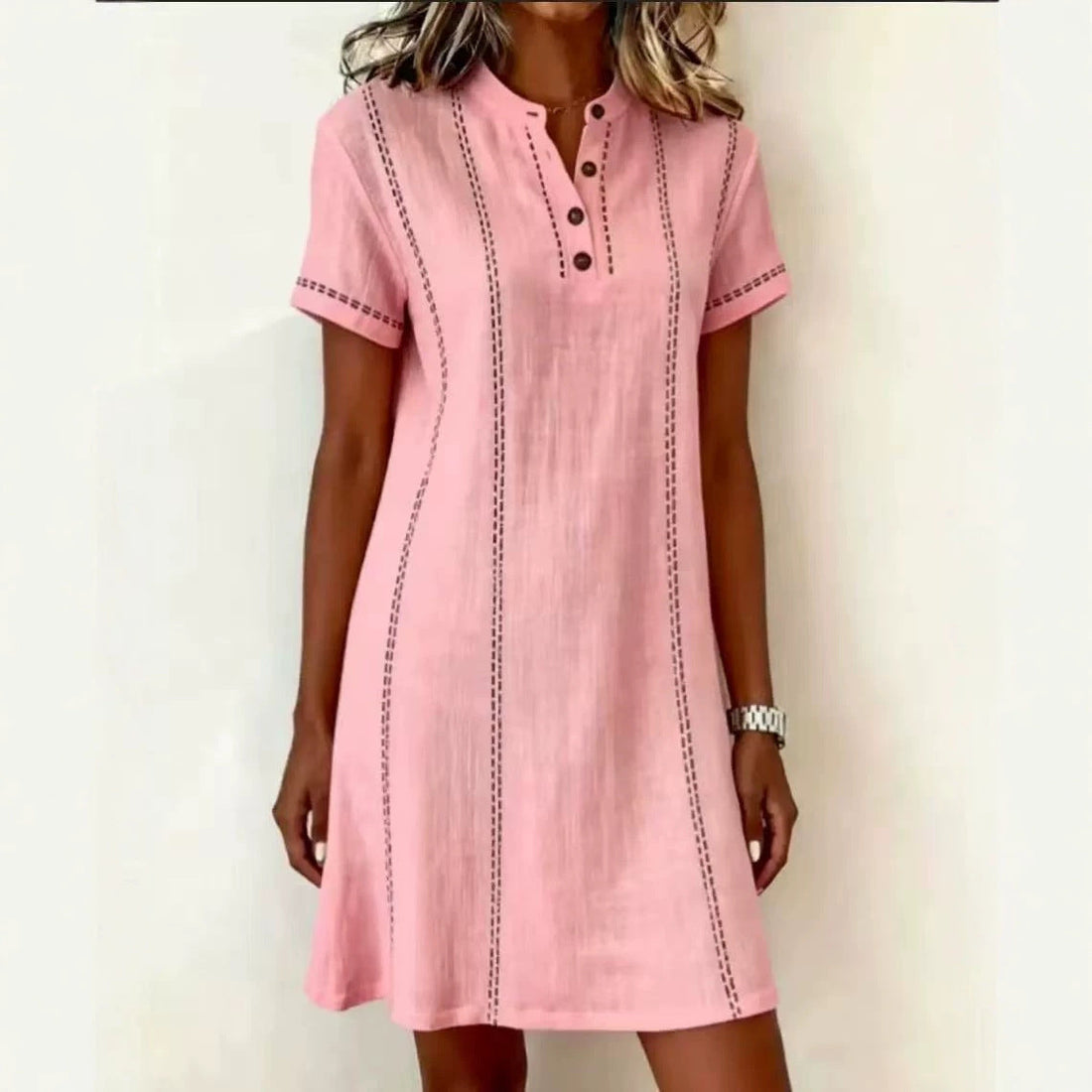 Women's Printed Button-Up Stand Collar Midi Dress – 3/4 Sleeve Loose Fit