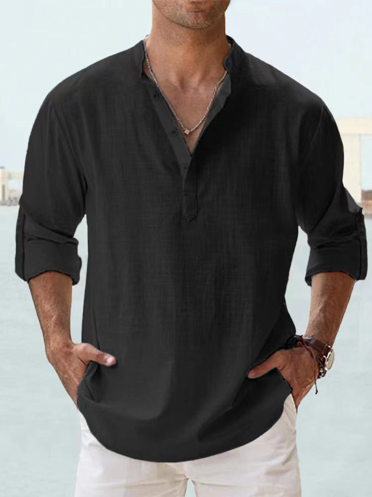 Men's Long Sleeve Stand Collar Shirt — Cotton, 10 Colors, XS–5XL