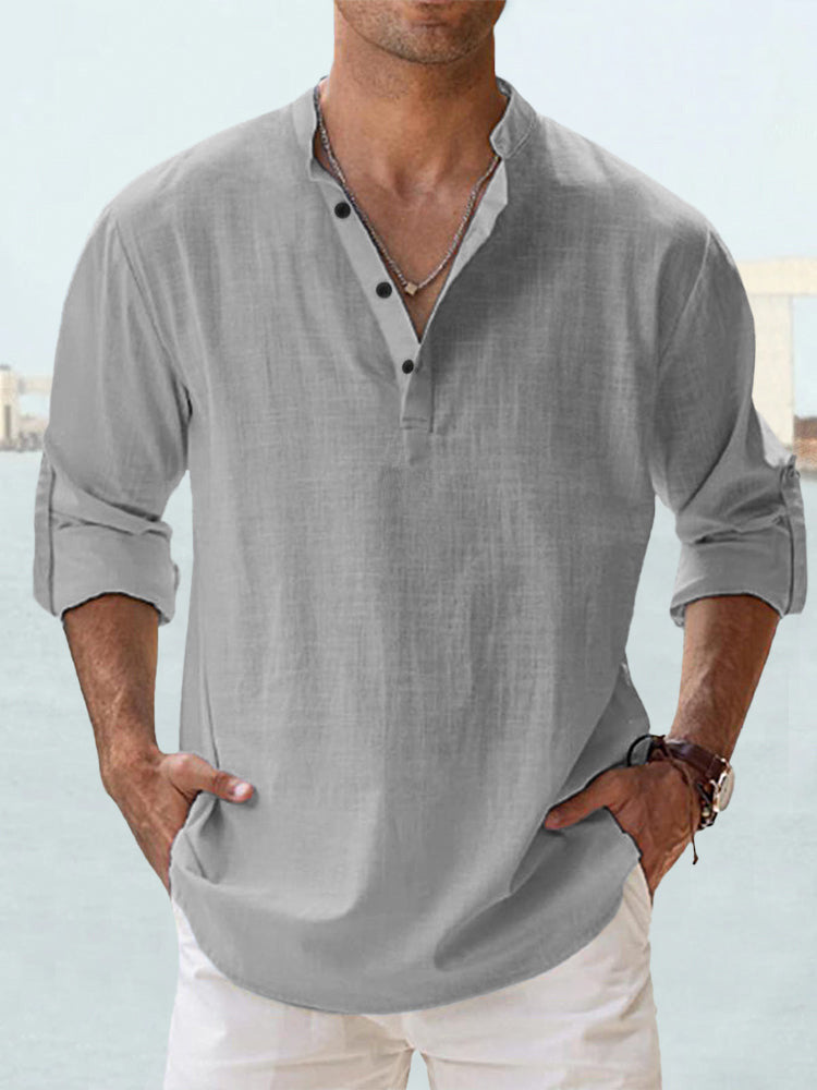 Men's Long Sleeve Stand Collar Shirt — Cotton, 10 Colors, XS–5XL