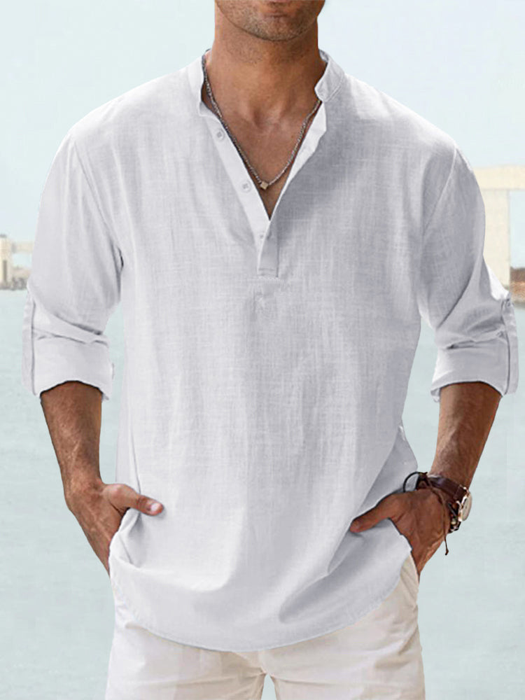 Men's Long Sleeve Stand Collar Shirt — Cotton, 10 Colors, XS–5XL