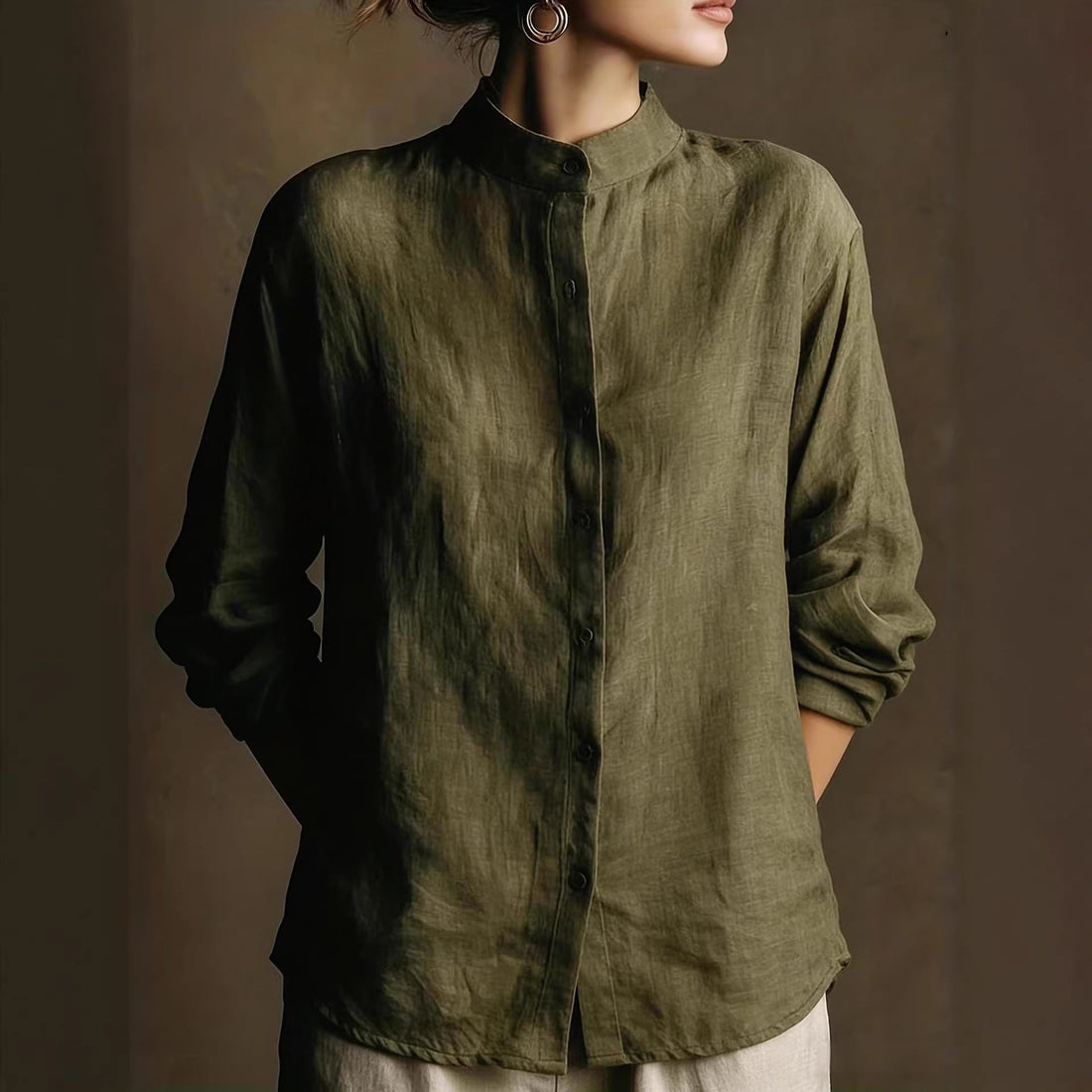 Women's Loose Cotton Linen Long Sleeve Shirt — Flip Collar