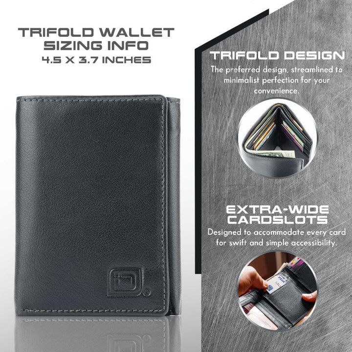 Mens RFID Wallet - Extra Capacity Leather Trifold 7 slot with ID Window