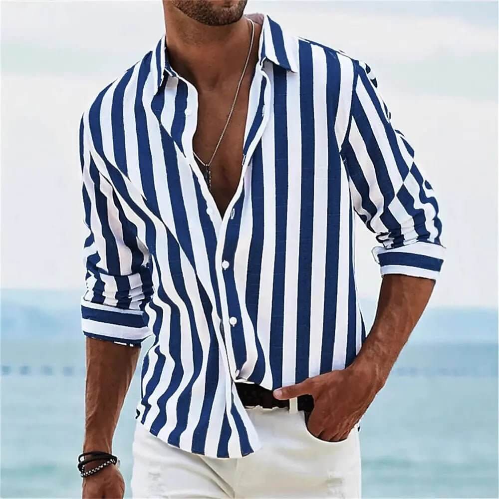 Striped Print Shirt Casual Loose Long-sleeved Shirt Men's Clothing