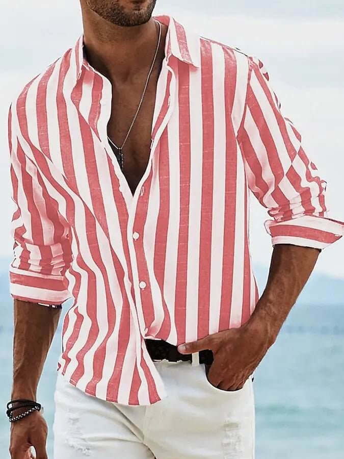 Striped Print Shirt Casual Loose Long-sleeved Shirt Men's Clothing