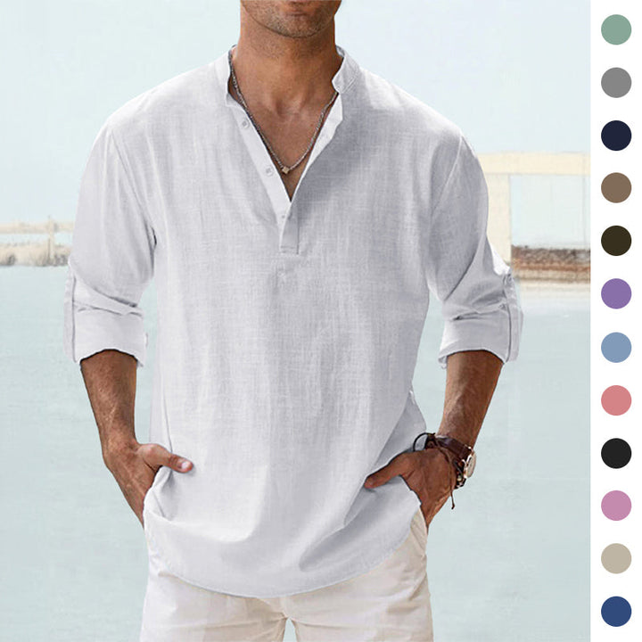 Men's Long Sleeve Stand Collar Shirt — Cotton, 10 Colors, XS–5XL