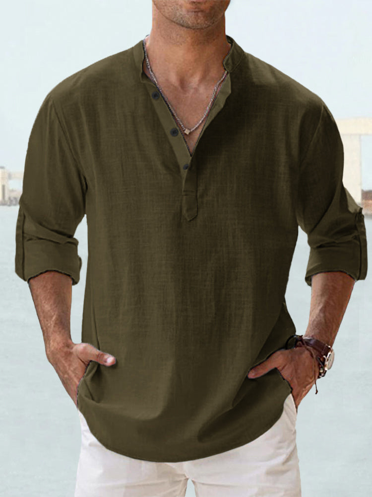 Men's Long Sleeve Stand Collar Shirt — Cotton, 10 Colors, XS–5XL