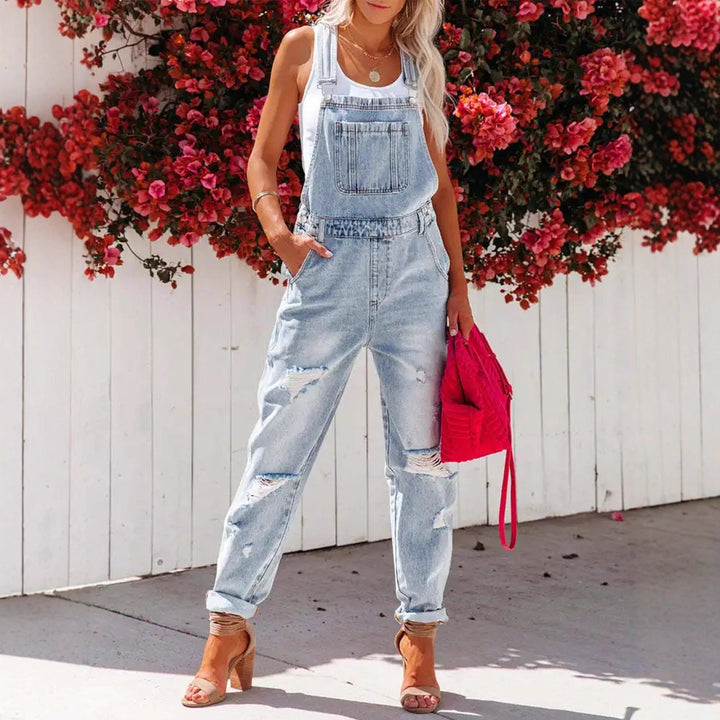Women's Cropped Ripped Denim Overalls – Streetwear Strap Bib Jeans