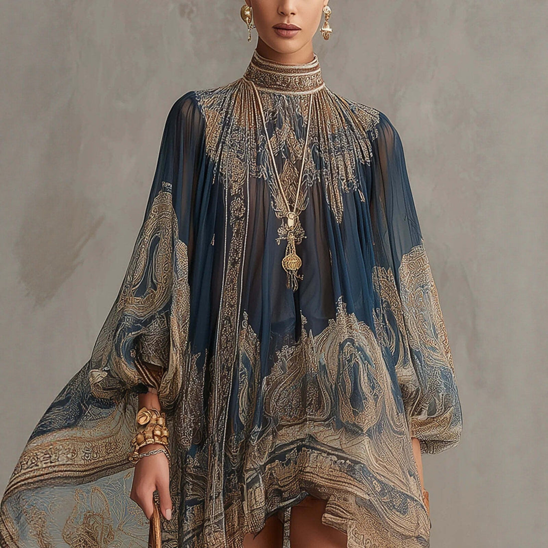 Navy Blue Printed Puff Sleeve Stand Collar Dress – Loose Boho Asymmetric Hem Dress for Women