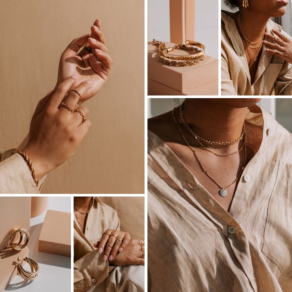 Collage of gold jewelry including rings, bracelets, and necklaces on a neutral background.