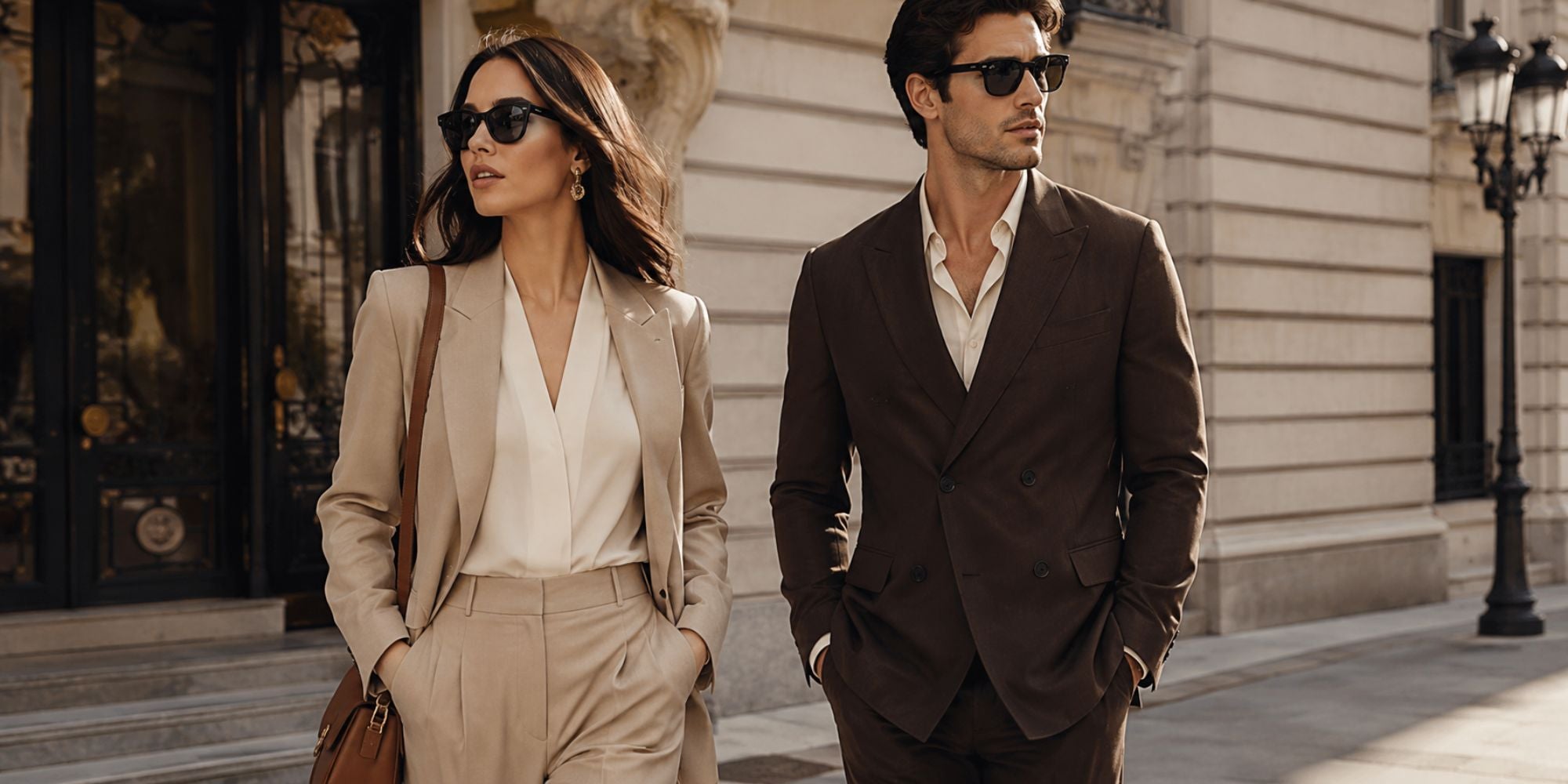 Man and woman in formal attire walking on a city street.