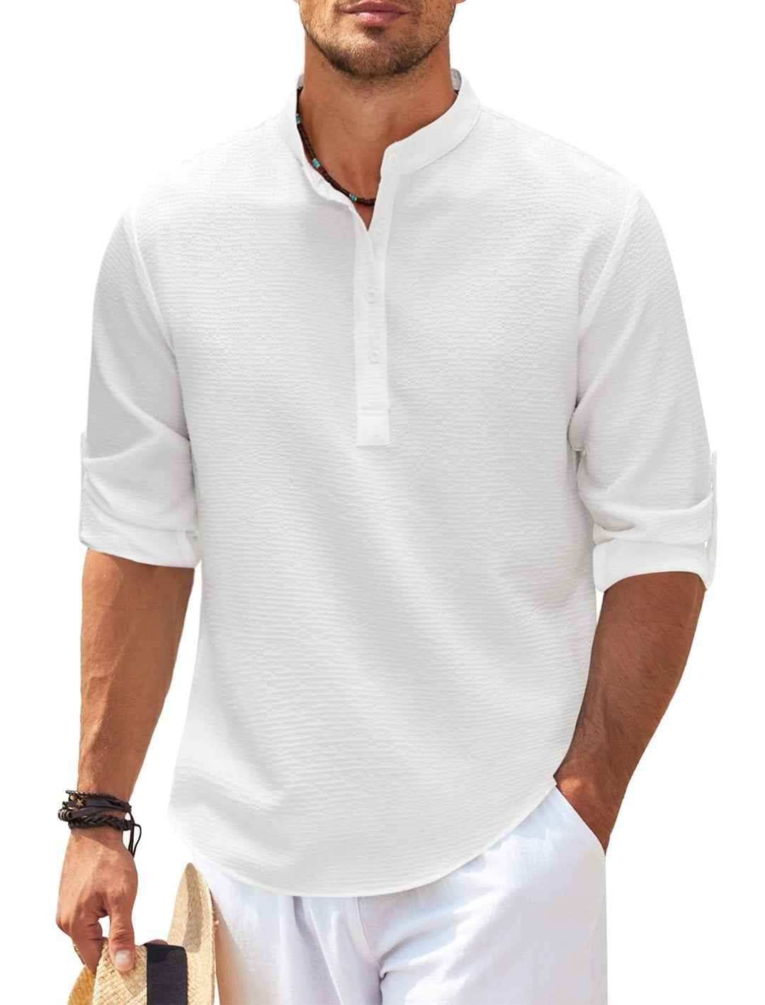 Men’s Stand Collar Pineapple Texture Shirt