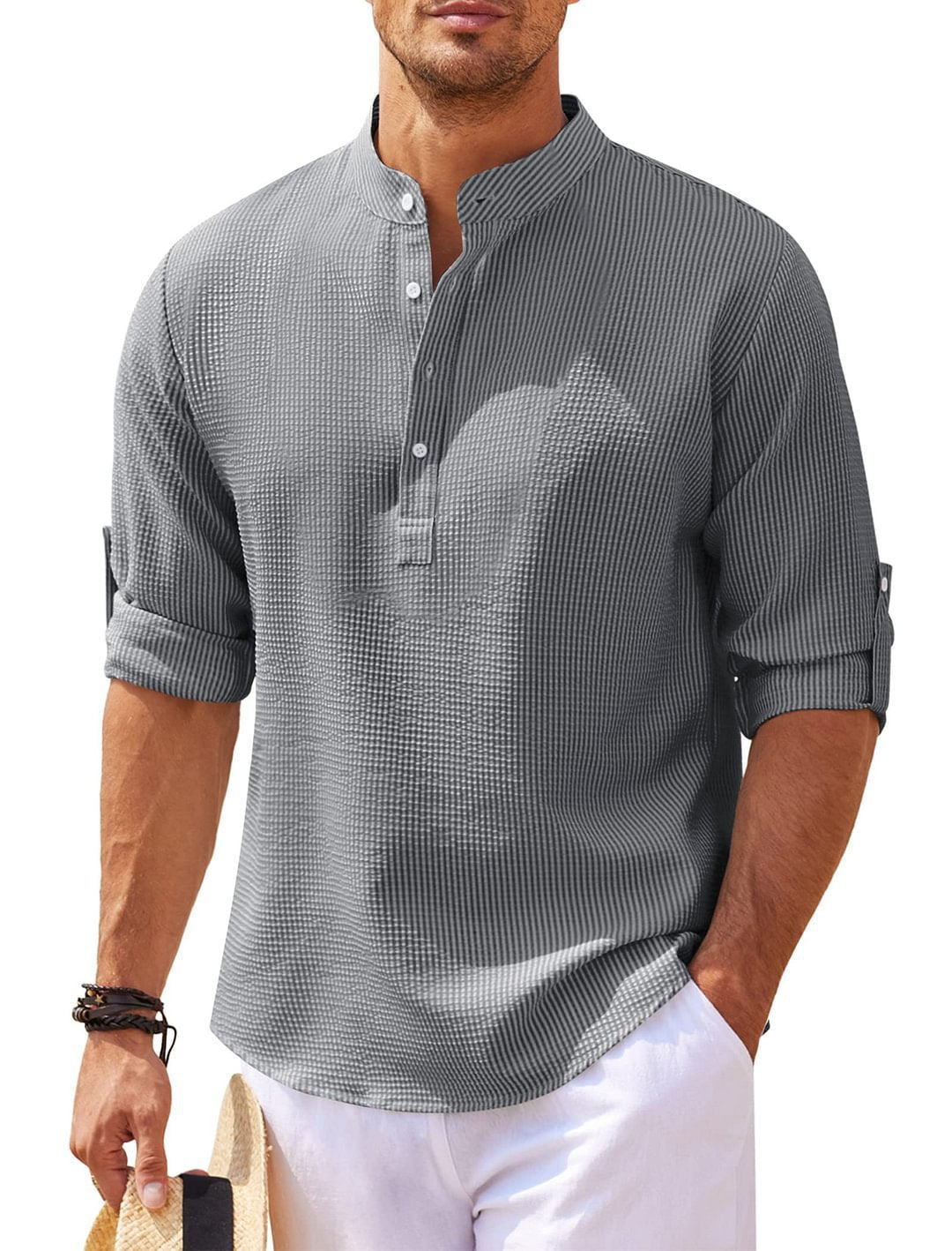 Men’s Stand Collar Pineapple Texture Shirt