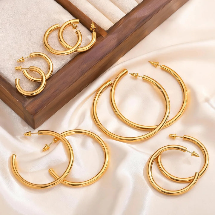 Waterproof Chunky Circle Hoop Earrings For Women, Gold Plated Stainless Steel Loop Earring 25/42/50/63mm