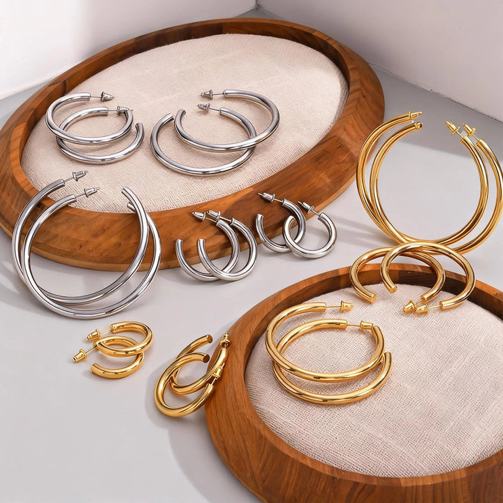 Waterproof Chunky Circle Hoop Earrings For Women, Gold Plated Stainless Steel Loop Earring 25/42/50/63mm