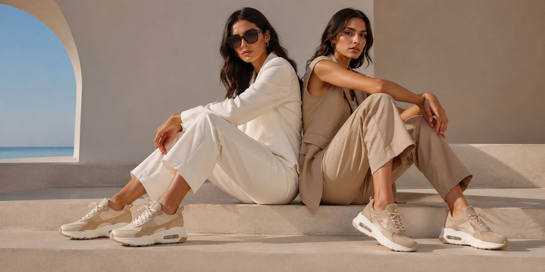 Two women sitting on a stone ledge with a scenic background