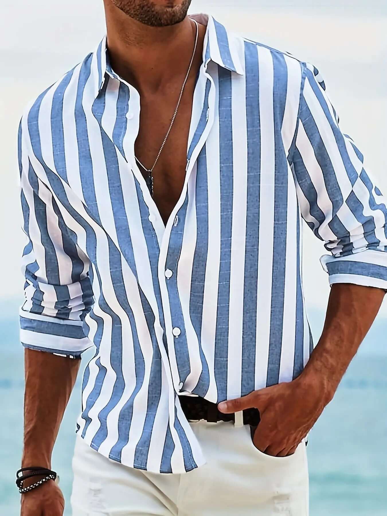 Striped Print Shirt Casual Loose Long-sleeved Shirt Men's Clothing
