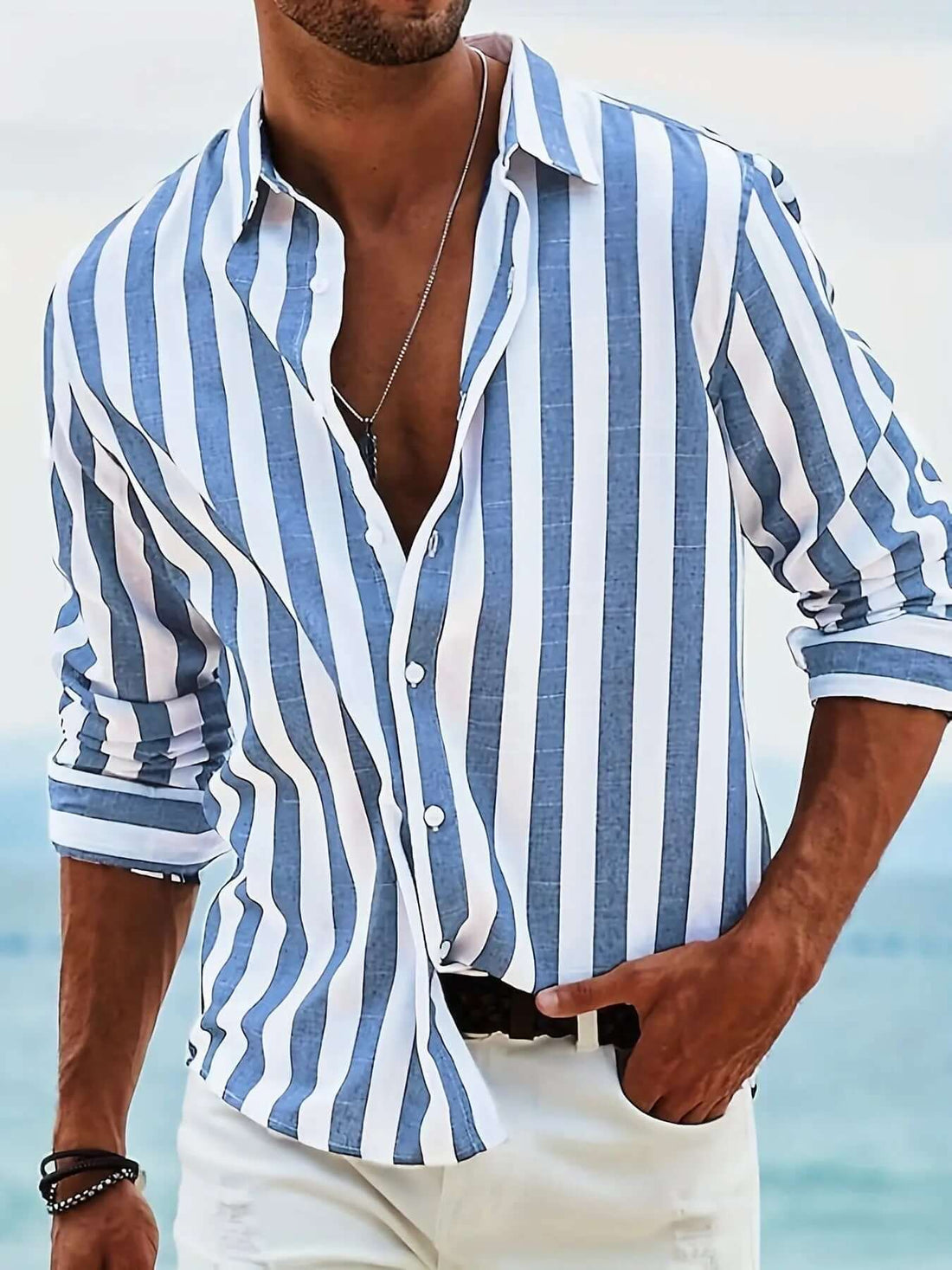 Striped Print Shirt Casual Loose Long-sleeved Shirt Men's Clothing