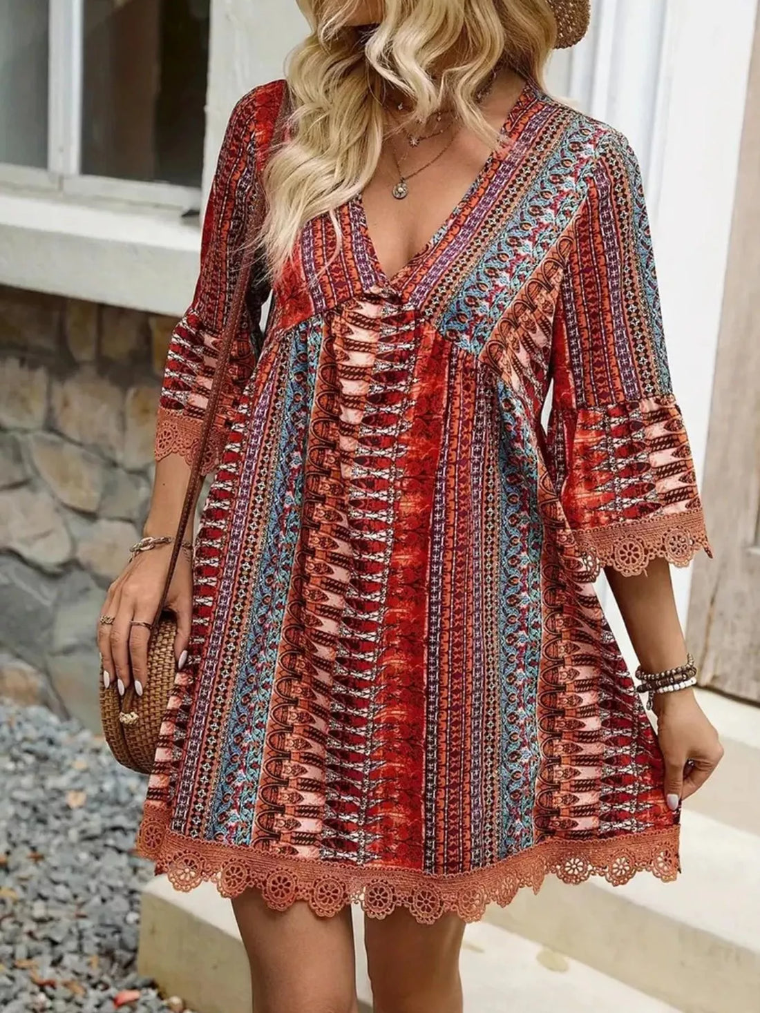 Printed V-Neck A-Line Dress