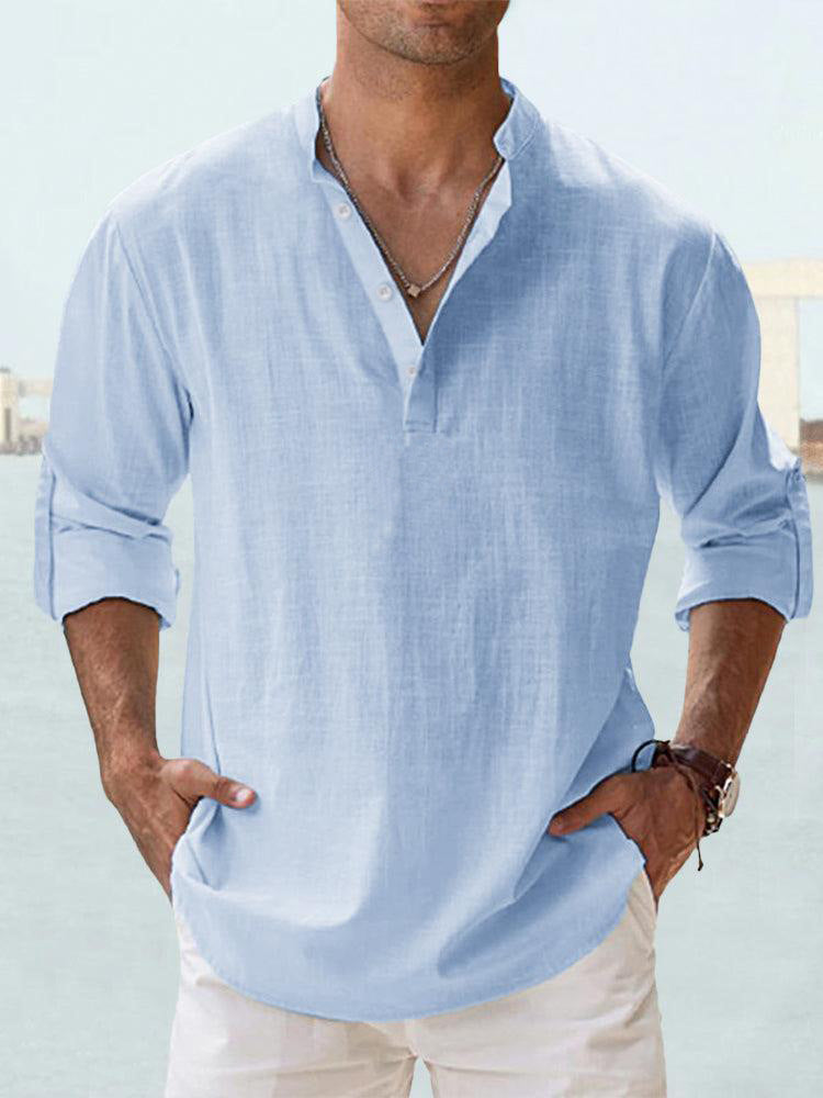 Men's Long Sleeve Stand Collar Shirt — Cotton, 10 Colors, XS–5XL