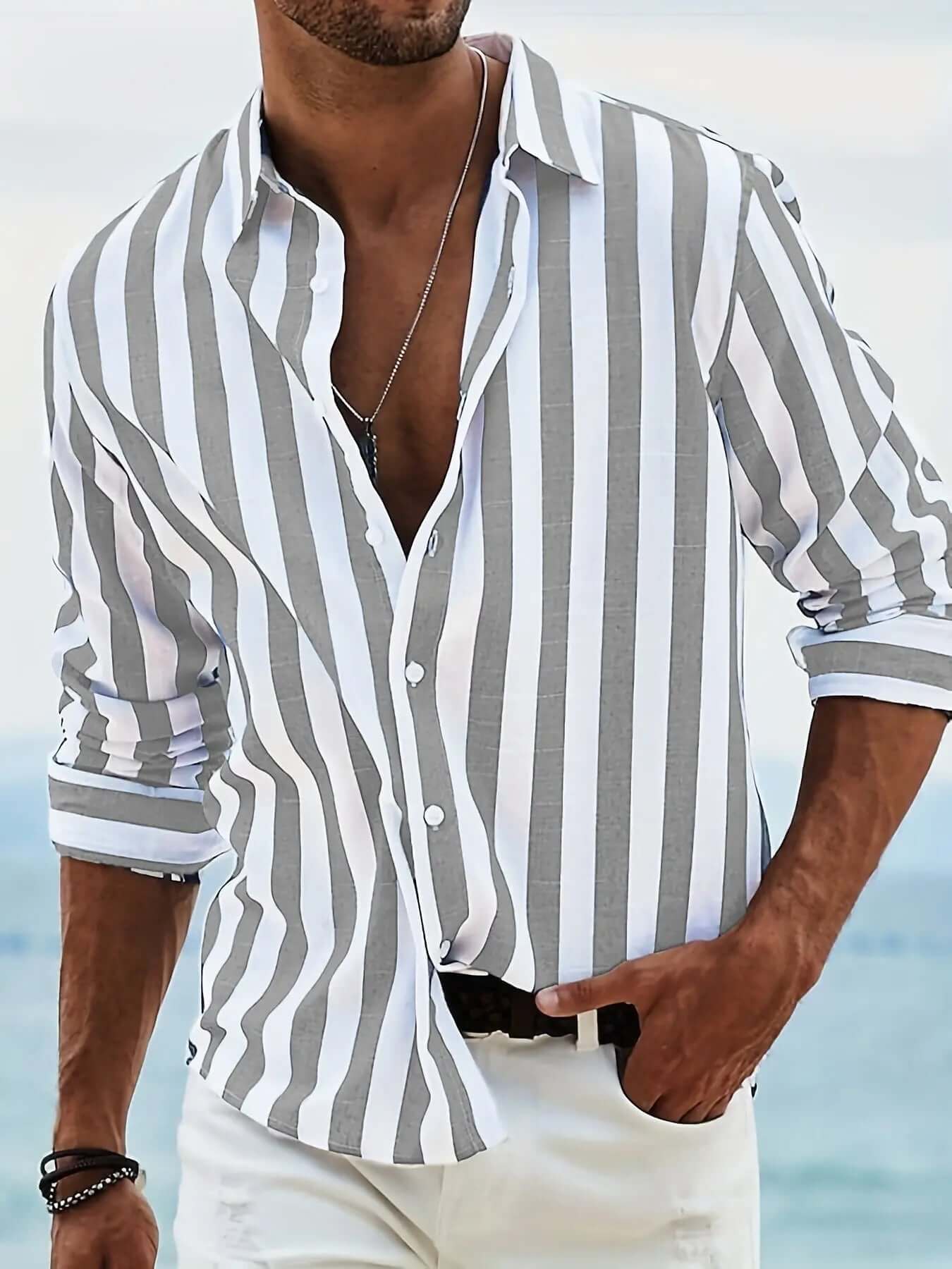 Striped Print Shirt Casual Loose Long-sleeved Shirt Men's Clothing