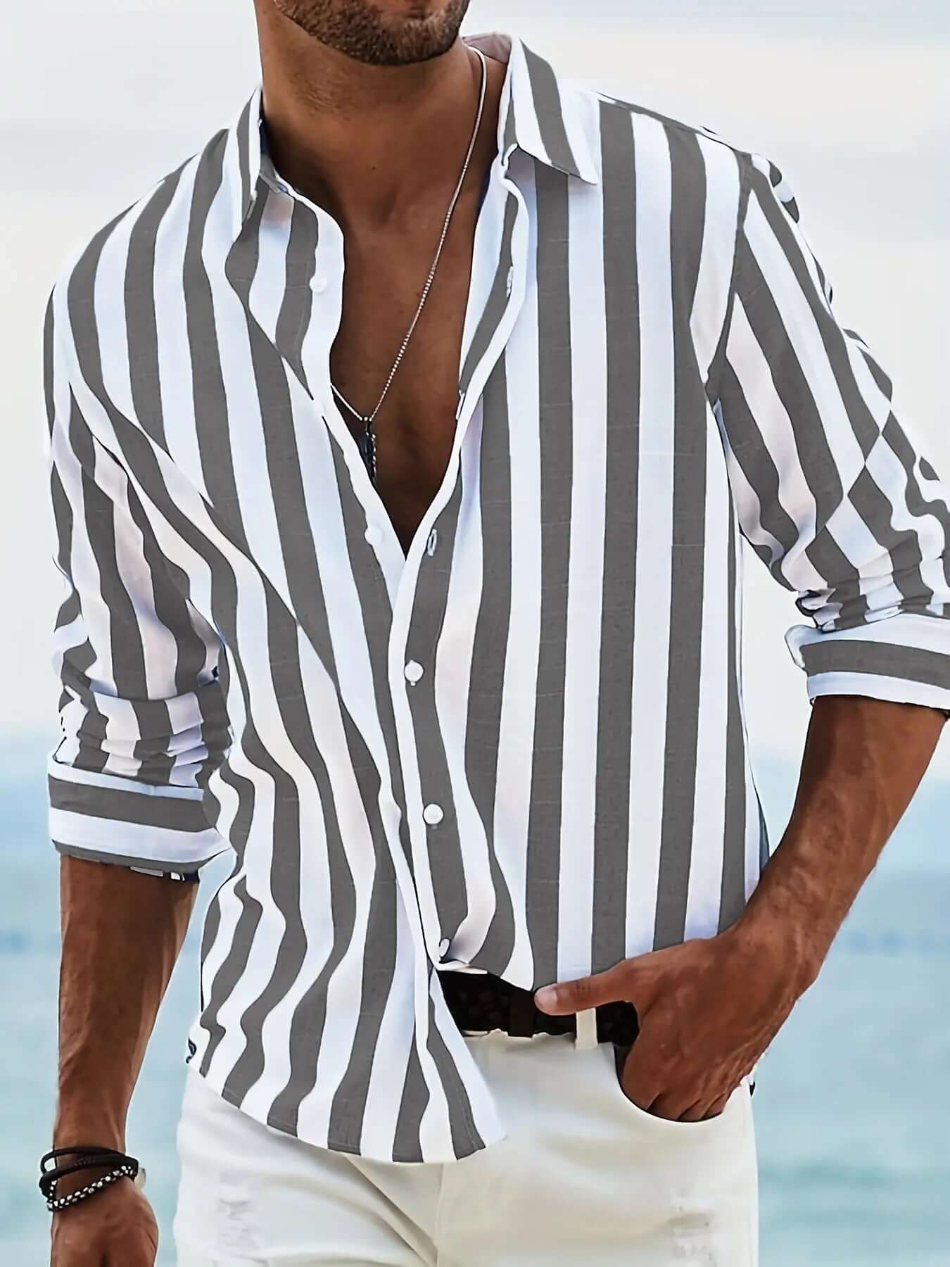 Striped Print Shirt Casual Loose Long-sleeved Shirt Men's Clothing