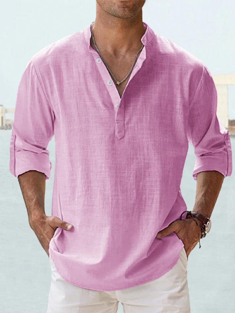 Men's Long Sleeve Stand Collar Shirt — Cotton, 10 Colors, XS–5XL