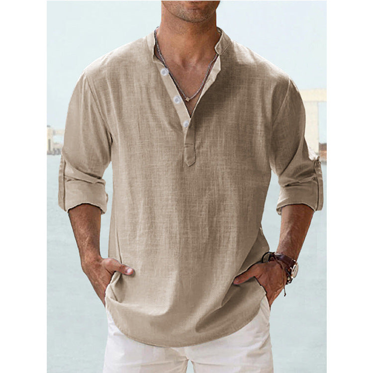 Men's Long Sleeve Stand Collar Shirt — Cotton, 10 Colors, XS–5XL