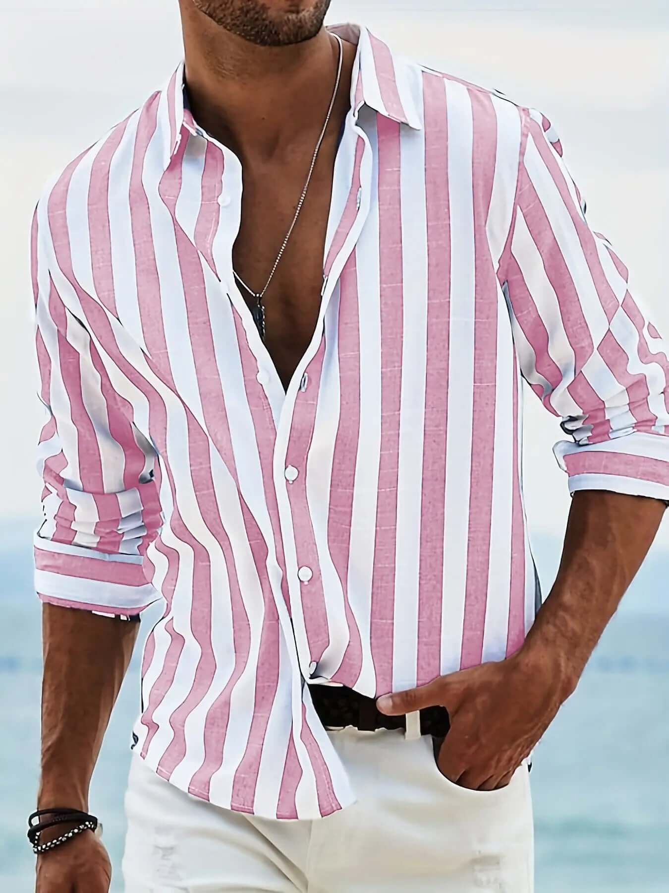 Striped Print Shirt Casual Loose Long-sleeved Shirt Men's Clothing