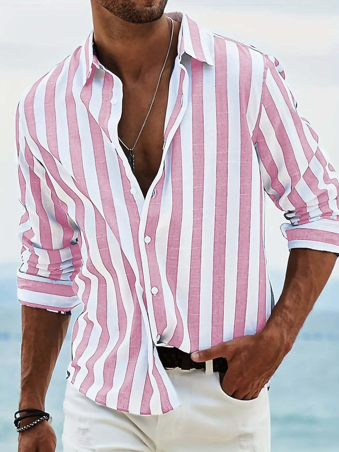 Striped Print Shirt Casual Loose Long-sleeved Shirt Men's Clothing