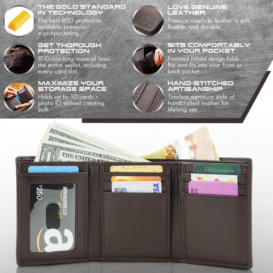 Mens RFID Wallet - Extra Capacity Leather Trifold 7 slot with ID Window