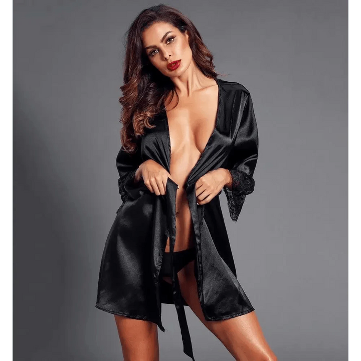 Stylish Black Satin Silk Short Bathrobes For Women Classic Lace On Sleeves Sleepwear Vintage Women's Sleewear
