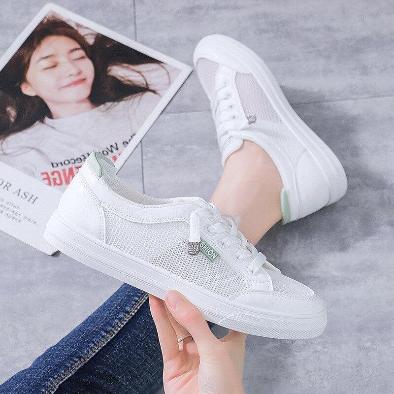 Women's White Casual Sneakers Spring  Summer Breathable Flats Solid Color Mesh Shoes Fashion White Flat Sneakers Women Workout Tennis Walking Gym Fashion Sneakers